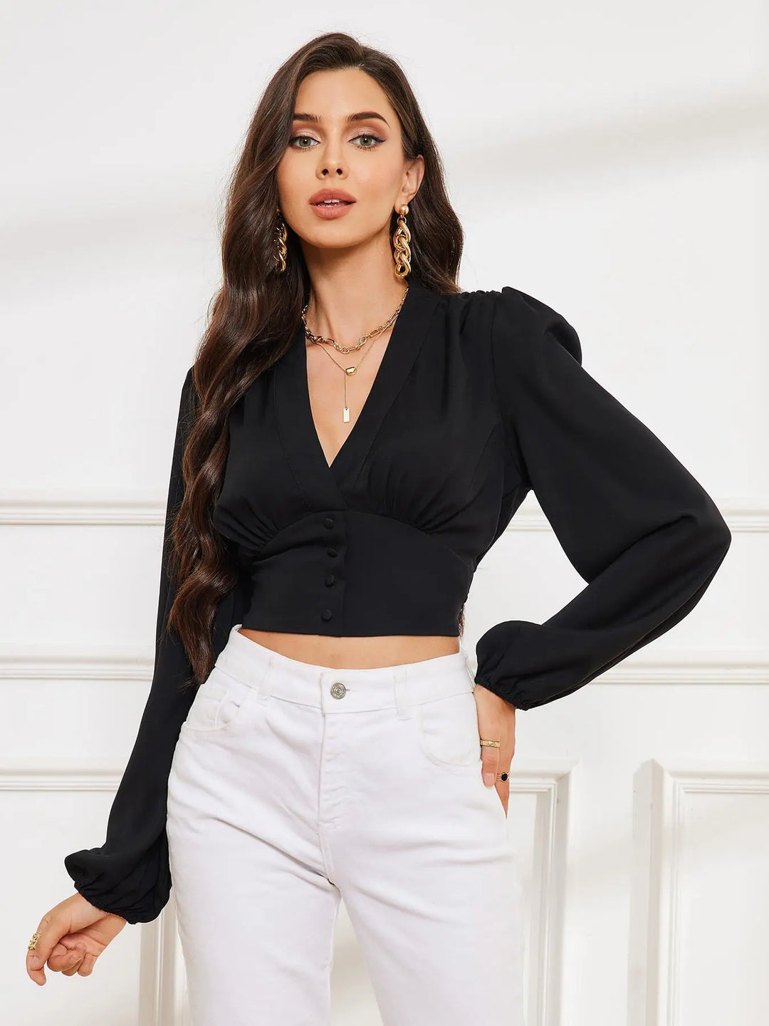 Women'S Elegant Plain V Neck Ruched Crop Blouse, Fashion Slim Bishop Long Sleeve Fake Button Detail Satin Shirt, Fall & Winter Tops for Women Daily Shopping Streetwear