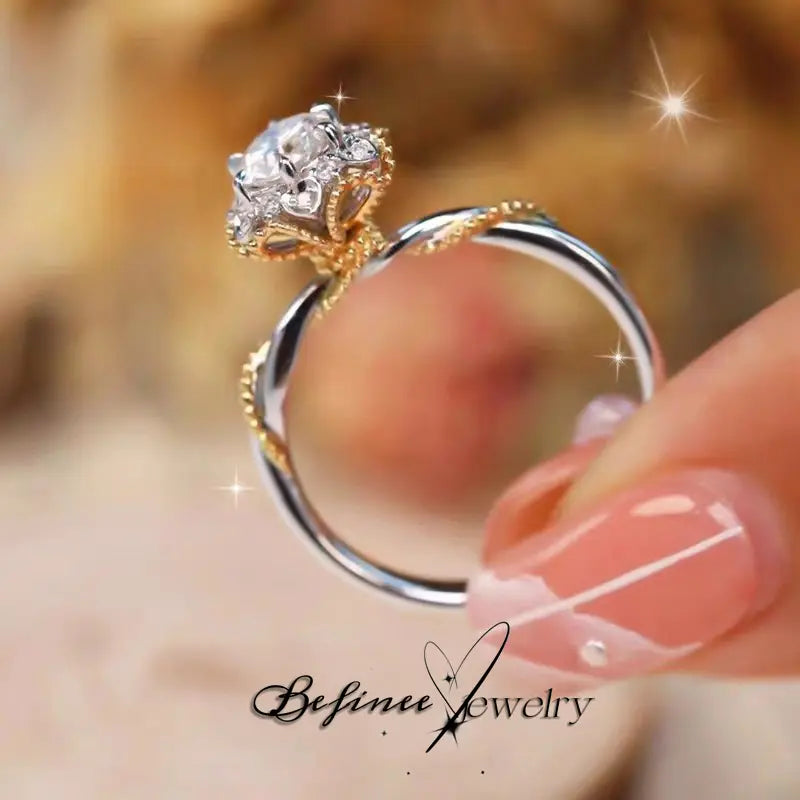 Engagement Flower Rings for Women Two Tone Bridal Sets Crossover round Engagement Ring Sets Cubic Zirconia Anniverdary Promise with Jewelry Gift Box