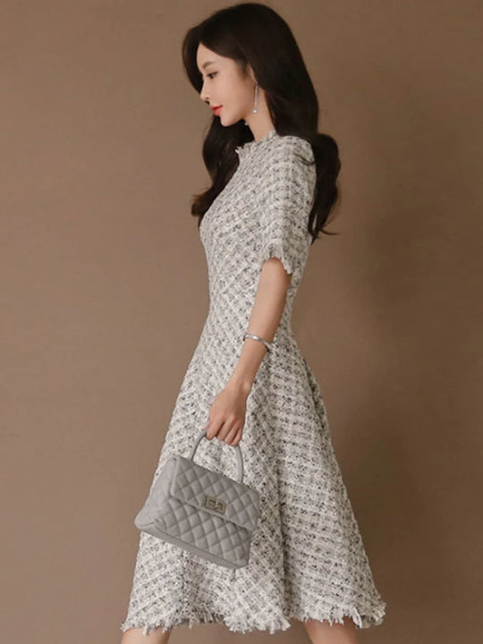 Fashion Korean Elegant Midi Tweed Dress Women