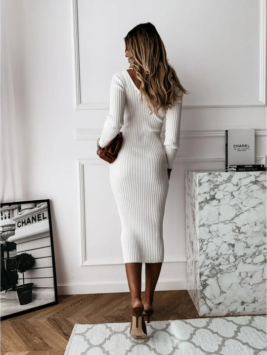 Autumn Winter Women Dresses Long Sleeve Ribbed Midi Dress