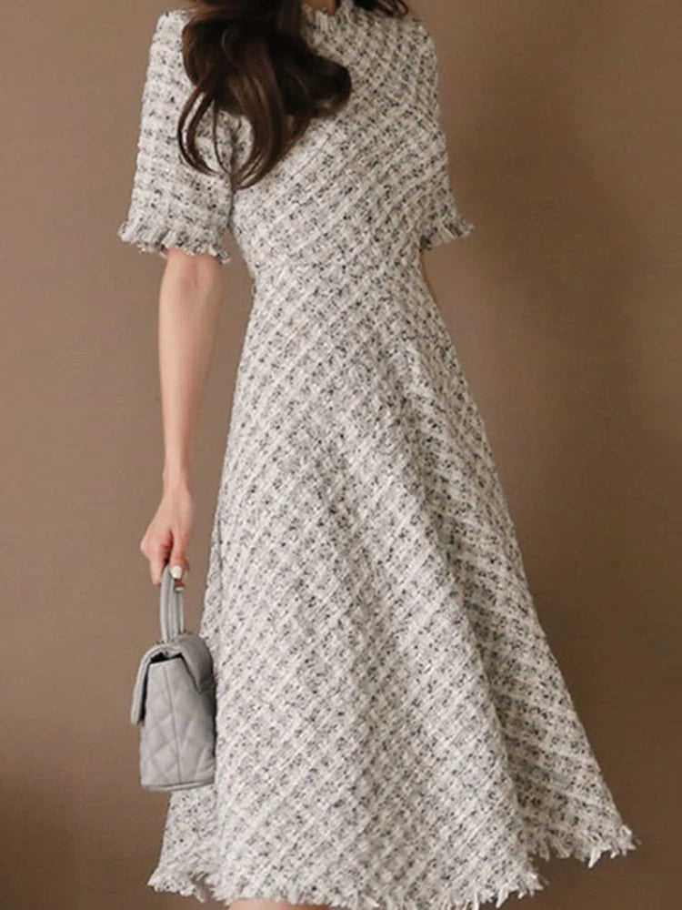 Fashion Korean Elegant Midi Tweed Dress Women