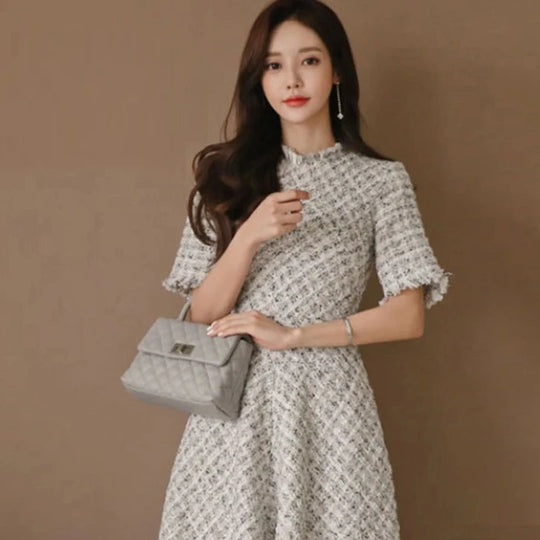 Fashion Korean Elegant Midi Tweed Dress Women