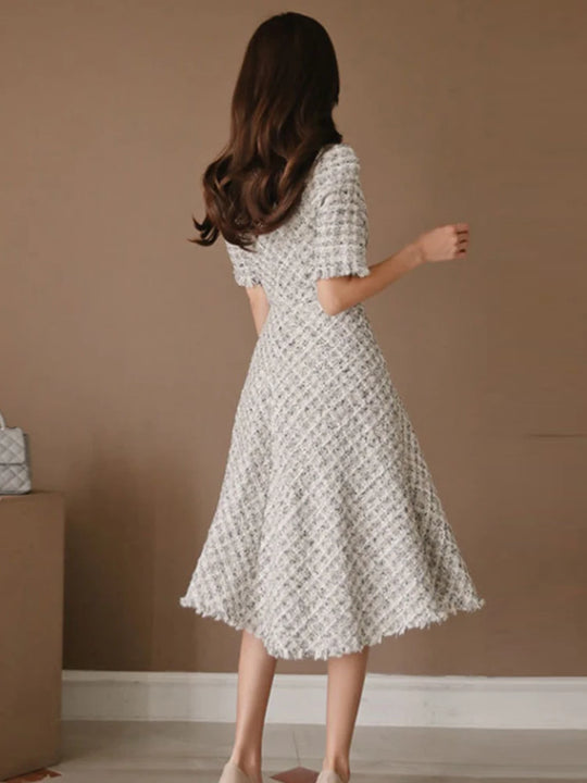 Fashion Korean Elegant Midi Tweed Dress Women