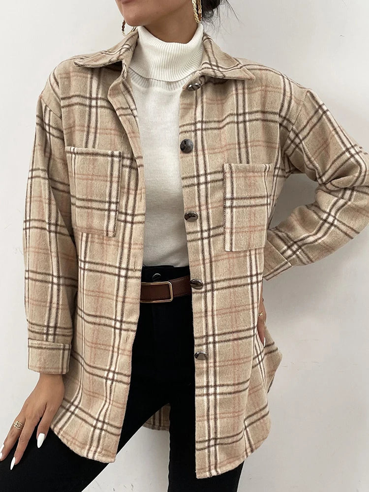 Autumn Spring Vintag Plaid Shirt Women