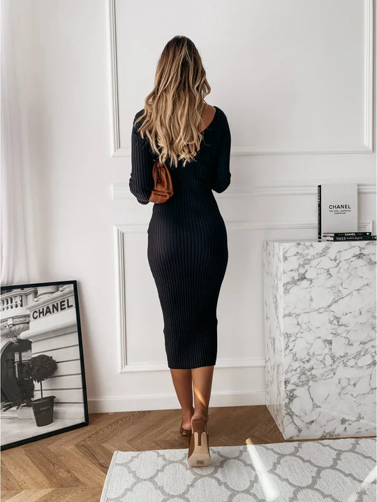 Autumn Winter Women Dresses Long Sleeve Ribbed Midi Dress