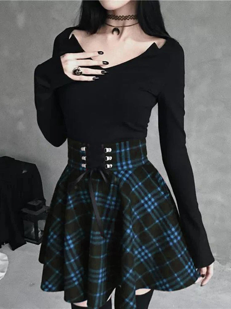 Black Checkered Women's Gothic Skirt Women