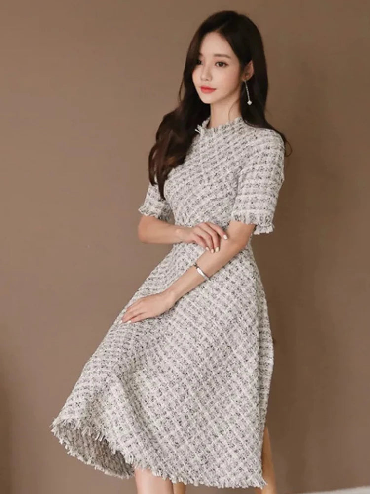 Fashion Korean Elegant Midi Tweed Dress Women