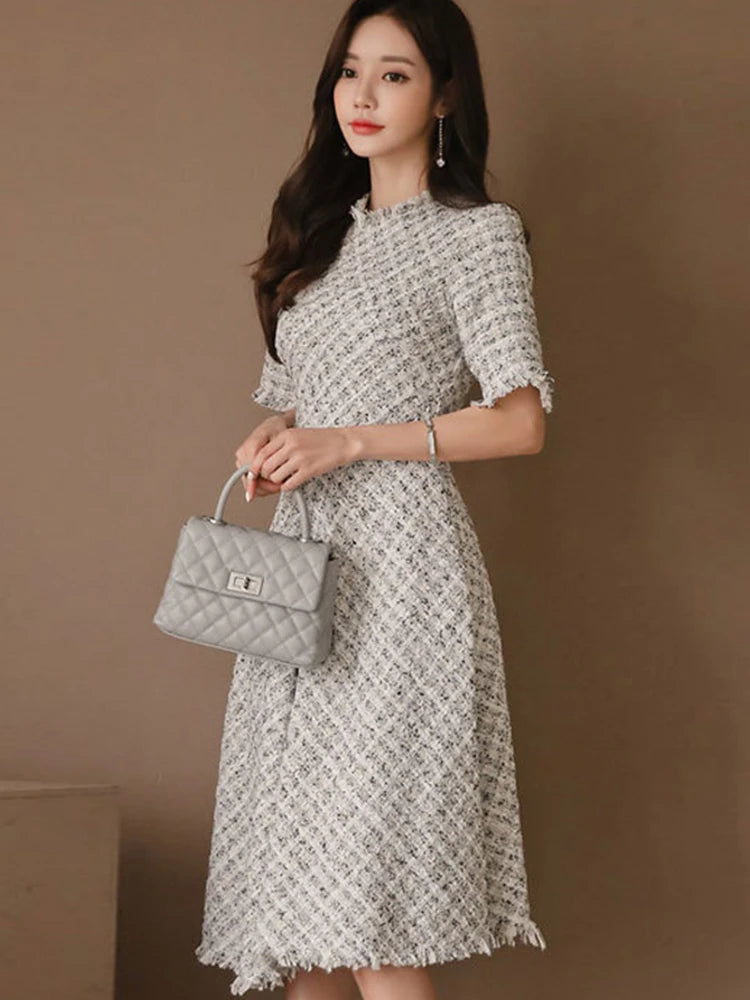 Fashion Korean Elegant Midi Tweed Dress Women