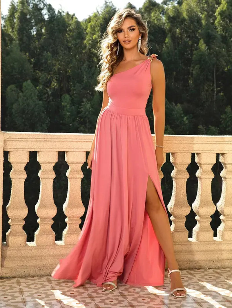 Women'S One Shoulder Ruched Split Thigh Chiffon Dress, Summer Clothes Women, Elegant Formal Chic Maxi Evening Party Gown, Mean Girls Party Outfit, Lady Summer Formal Wear, Womenswear