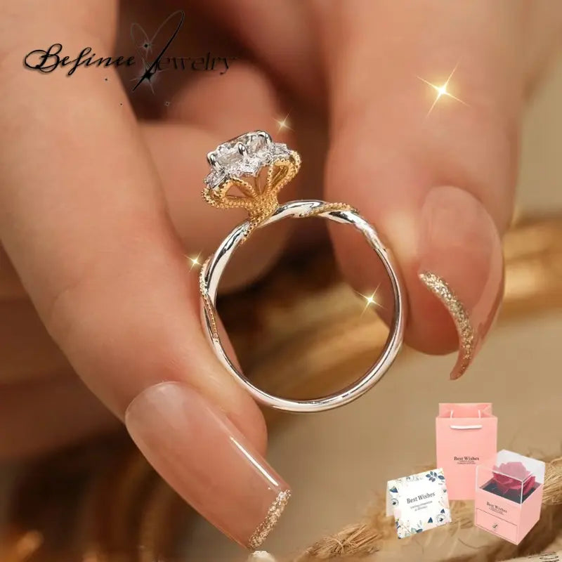 Engagement Flower Rings for Women Two Tone Bridal Sets Crossover round Engagement Ring Sets Cubic Zirconia Anniverdary Promise with Jewelry Gift Box