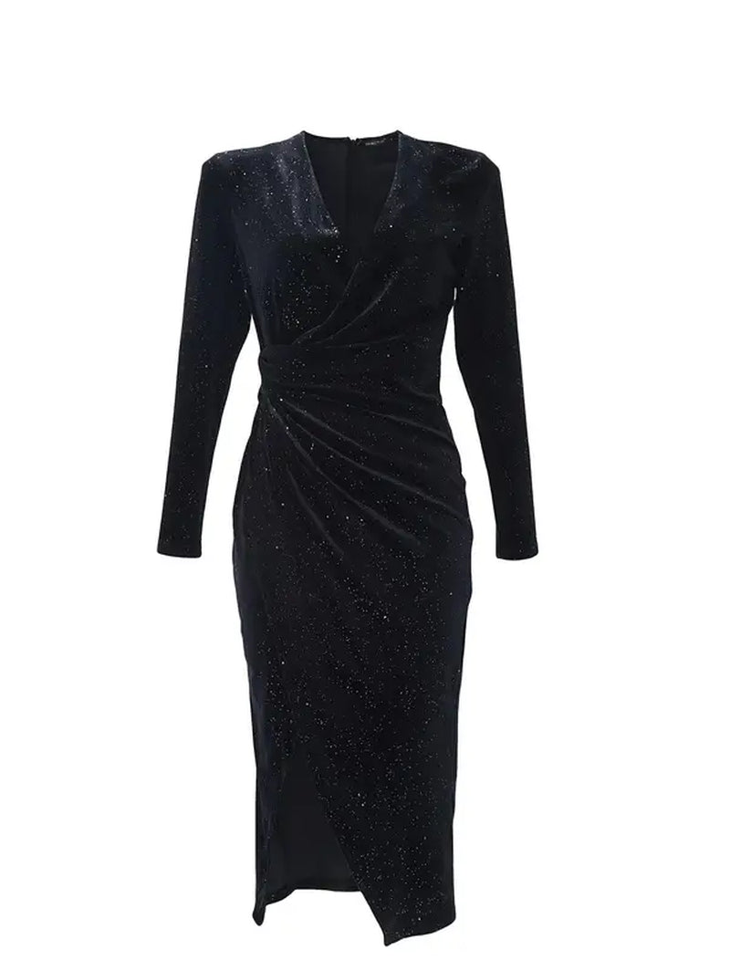 Women'S Plain Ruched Split Thigh Wrap Velvet Bodycon Dress, Elegant Long Sleeve V Neck Midi Dress for Party Evening Gown, Wedding Dresses, Women'S Clothing for Fall & Winter