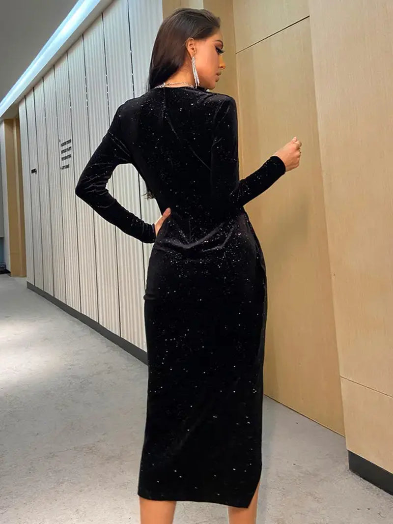 Women'S Contrast Sequin Ruched Split Thigh Wrap Dress, Deep V Neck Long Sleeve Velvet Dress, Bodycon Party Midi Dress for Nightclub Evening Gown